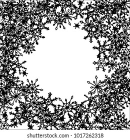 Winter Frame with Cute Doodle Snowflakes. Black and White Christmas Background. Pretty New Year Background. Cute Vector Pattern for Card, Poster, Banner. Frosty Cartoon Snowflakes in Trendy Style