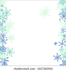 Winter Frame with Cute Doodle Snowflakes. Blue Christmas Background. Pretty New Year Background. Cute Vector Pattern for Card, Poster, Banner. Frosty Cartoon Snowflakes in Trendy Style