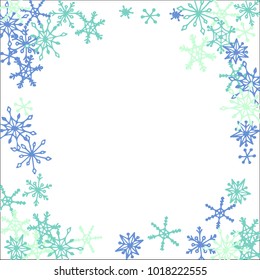 Winter Frame with Cute Doodle Snowflakes. Blue Christmas Background. Pretty New Year Background. Cute Vector Pattern for Card, Poster, Banner. Frosty Cartoon Snowflakes in Trendy Style