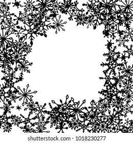Winter Frame with Cute Doodle Snowflakes. Black and White Christmas Background. Pretty New Year Background. Cute Vector Pattern for Card, Poster, Banner. Frosty Cartoon Snowflakes in Trendy Style