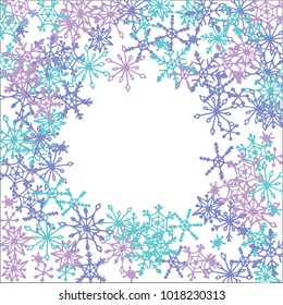 Winter Frame with Cute Doodle Snowflakes. Blue Christmas Background. Pretty New Year Background. Cute Vector Pattern for Card, Poster, Banner. Frosty Cartoon Snowflakes in Trendy Style