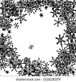 Winter Frame with Cute Doodle Snowflakes. Black and White Christmas Background. Pretty New Year Background. Cute Vector Pattern for Card, Poster, Banner. Frosty Cartoon Snowflakes in Trendy Style