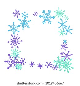Winter Frame with Cute Doodle Snowflakes. Blue Christmas Background. Pretty New Year Background. Cute Vector Pattern for Card, Poster, Banner. Frosty Cartoon Snowflakes in Trendy Style
