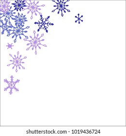 Winter Frame with Cute Doodle Snowflakes. Blue Christmas Background. Pretty New Year Background. Cute Vector Pattern for Card, Poster, Banner. Frosty Cartoon Snowflakes in Trendy Style