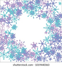 Winter Frame with Cute Doodle Snowflakes. Blue Christmas Background. Pretty New Year Background. Cute Vector Pattern for Card, Poster, Banner. Frosty Cartoon Snowflakes in Trendy Style