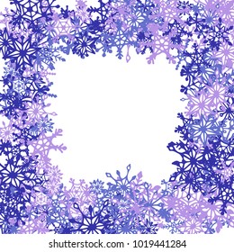 Winter Frame with Cute Doodle Snowflakes. Blue Christmas Background. Pretty New Year Background. Cute Vector Pattern for Card, Poster, Banner. Frosty Cartoon Snowflakes in Trendy Style