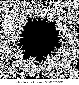 Winter Frame with Cute Doodle Snowflakes. Black and White Christmas Background. Pretty New Year Background. Cute Vector Pattern for Card, Poster, Banner. Frosty Cartoon Snowflakes in Trendy Style