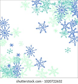 Winter Frame with Cute Doodle Snowflakes. Blue Christmas Background. Pretty New Year Background. Cute Vector Pattern for Card, Poster, Banner. Frosty Cartoon Snowflakes in Trendy Style