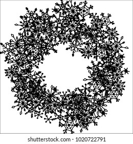 Winter Frame with Cute Doodle Snowflakes. Black and White Christmas Background. Pretty New Year Background. Cute Vector Pattern for Card, Poster, Banner. Frosty Cartoon Snowflakes in Trendy Style