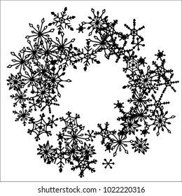 Winter Frame with Cute Doodle Snowflakes. Black and White Christmas Background. Pretty New Year Background. Cute Vector Pattern for Card, Poster, Banner. Frosty Cartoon Snowflakes in Trendy Style
