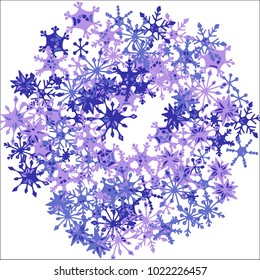 Winter Frame with Cute Doodle Snowflakes. Blue Christmas Background. Pretty New Year Background. Cute Vector Pattern for Card, Poster, Banner. Frosty Cartoon Snowflakes in Trendy Style