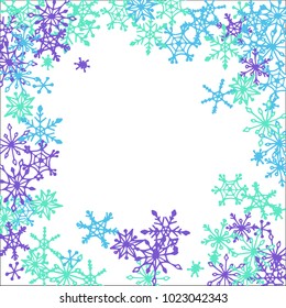 Winter Frame with Cute Doodle Snowflakes. Blue Christmas Background. Pretty New Year Background. Cute Vector Pattern for Card, Poster, Banner. Frosty Cartoon Snowflakes in Trendy Style