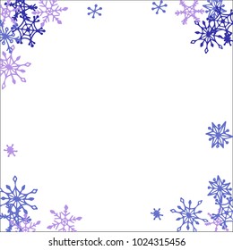 Winter Frame with Cute Doodle Snowflakes. Blue Christmas Background. Pretty New Year Background. Cute Vector Pattern for Card, Poster, Banner. Frosty Cartoon Snowflakes in Trendy Style