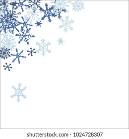 Winter Frame with Cute Doodle Snowflakes. Blue Christmas Background. Pretty New Year Background. Cute Vector Pattern for Card, Poster, Banner. Frosty Cartoon Snowflakes in Trendy Style