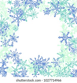 Winter Frame with Cute Doodle Snowflakes. Blue Christmas Background. Pretty New Year Background. Cute Vector Pattern for Card, Poster, Banner. Frosty Cartoon Snowflakes in Trendy Style