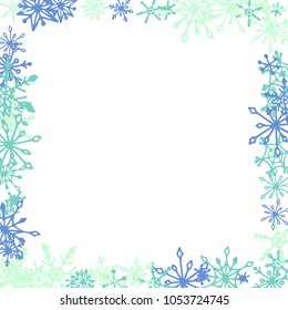 Winter Frame with Cute Doodle Snowflakes. Blue Christmas Background. Pretty New Year Background. Cute Vector Pattern for Card, Poster, Banner. Frosty Cartoon Snowflakes in Trendy Style