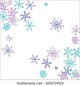 Winter Frame with Cute Doodle Snowflakes. Blue Christmas Background. Pretty New Year Background. Cute Vector Pattern for Card, Poster, Banner. Frosty Cartoon Snowflakes in Trendy Style