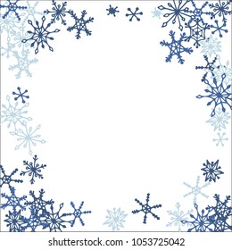Winter Frame with Cute Doodle Snowflakes. Blue Christmas Background. Pretty New Year Background. Cute Vector Pattern for Card, Poster, Banner. Frosty Cartoon Snowflakes in Trendy Style