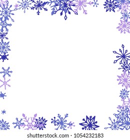 Winter Frame with Cute Doodle Snowflakes. Blue Christmas Background. Pretty New Year Background. Cute Vector Pattern for Card, Poster, Banner. Frosty Cartoon Snowflakes in Trendy Style