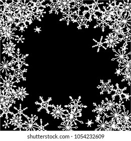 Winter Frame with Cute Doodle Snowflakes. Black and White Christmas Background. Pretty New Year Background. Cute Vector Pattern for Card, Poster, Banner. Frosty Cartoon Snowflakes in Trendy Style