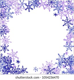 Winter Frame with Cute Doodle Snowflakes. Blue Christmas Background. Pretty New Year Background. Cute Vector Pattern for Card, Poster, Banner. Frosty Cartoon Snowflakes in Trendy Style