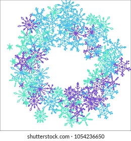 Winter Frame with Cute Doodle Snowflakes. Blue Christmas Background. Pretty New Year Background. Cute Vector Pattern for Card, Poster, Banner. Frosty Cartoon Snowflakes in Trendy Style