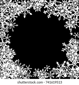 Winter Frame with Cute Doodle Snowflakes. Black and White Christmas Background. Pretty New Year Background. Cute Vector Pattern for Card, Poster, Banner. Frosty Cartoon Snowflakes in Trendy Style
