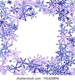 Winter Frame with Cute Doodle Snowflakes. Blue Christmas Background. Pretty New Year Background. Cute Vector Pattern for Card, Poster, Banner. Frosty Cartoon Snowflakes in Trendy Style