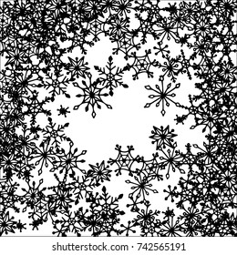 Winter Frame with Cute Doodle Snowflakes. Black and White Christmas Background. Pretty New Year Background. Cute Vector Pattern for Card, Poster, Banner. Frosty Cartoon Snowflakes in Trendy Style