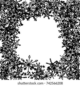 Winter Frame with Cute Doodle Snowflakes. Black and White Christmas Background. Pretty New Year Background. Cute Vector Pattern for Card, Poster, Banner. Frosty Cartoon Snowflakes in Trendy Style