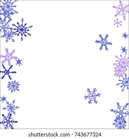 Winter Frame with Cute Doodle Snowflakes. Blue Christmas Background. Pretty New Year Background. Cute Vector Pattern for Card, Poster, Banner. Frosty Cartoon Snowflakes in Trendy Style