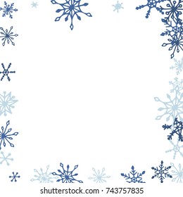 Winter Frame with Cute Doodle Snowflakes. Blue Christmas Background. Pretty New Year Background. Cute Vector Pattern for Card, Poster, Banner. Frosty Cartoon Snowflakes in Trendy Style