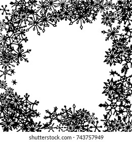 Winter Frame with Cute Doodle Snowflakes. Black and White Christmas Background. Pretty New Year Background. Cute Vector Pattern for Card, Poster, Banner. Frosty Cartoon Snowflakes in Trendy Style