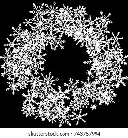 Winter Frame with Cute Doodle Snowflakes. Black and White Christmas Background. Pretty New Year Background. Cute Vector Pattern for Card, Poster, Banner. Frosty Cartoon Snowflakes in Trendy Style