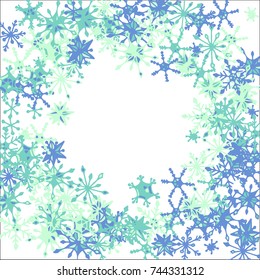 Winter Frame with Cute Doodle Snowflakes. Blue Christmas Background. Pretty New Year Background. Cute Vector Pattern for Card, Poster, Banner. Frosty Cartoon Snowflakes in Trendy Style