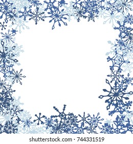 Winter Frame with Cute Doodle Snowflakes. Blue Christmas Background. Pretty New Year Background. Cute Vector Pattern for Card, Poster, Banner. Frosty Cartoon Snowflakes in Trendy Style