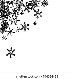 Winter Frame with Cute Doodle Snowflakes. Black and White Christmas Background. Pretty New Year Background. Cute Vector Pattern for Card, Poster, Banner. Frosty Cartoon Snowflakes in Trendy Style