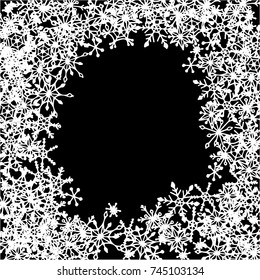 Winter Frame with Cute Doodle Snowflakes. Black and White Christmas Background. Pretty New Year Background. Cute Vector Pattern for Card, Poster, Banner. Frosty Cartoon Snowflakes in Trendy Style