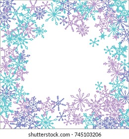 Winter Frame with Cute Doodle Snowflakes. Blue Christmas Background. Pretty New Year Background. Cute Vector Pattern for Card, Poster, Banner. Frosty Cartoon Snowflakes in Trendy Style