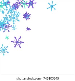 Winter Frame with Cute Doodle Snowflakes. Blue Christmas Background. Pretty New Year Background. Cute Vector Pattern for Card, Poster, Banner. Frosty Cartoon Snowflakes in Trendy Style