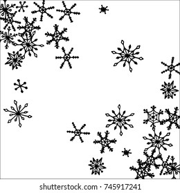 Winter Frame with Cute Doodle Snowflakes. Black and White Christmas Background. Pretty New Year Background. Cute Vector Pattern for Card, Poster, Banner. Frosty Cartoon Snowflakes in Trendy Style