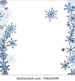 Winter Frame with Cute Doodle Snowflakes. Blue Christmas Background. Pretty New Year Background. Cute Vector Pattern for Card, Poster, Banner. Frosty Cartoon Snowflakes in Trendy Style