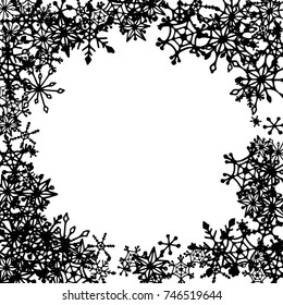 Winter Frame with Cute Doodle Snowflakes. Black and White Christmas Background. Pretty New Year Background. Cute Vector Pattern for Card, Poster, Banner. Frosty Cartoon Snowflakes in Trendy Style