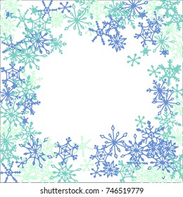 Winter Frame with Cute Doodle Snowflakes. Blue Christmas Background. Pretty New Year Background. Cute Vector Pattern for Card, Poster, Banner. Frosty Cartoon Snowflakes in Trendy Style