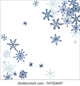 Winter Frame with Cute Doodle Snowflakes. Blue Christmas Background. Pretty New Year Background. Cute Vector Pattern for Card, Poster, Banner. Frosty Cartoon Snowflakes in Trendy Style