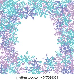 Winter Frame with Cute Doodle Snowflakes. Blue Christmas Background. Pretty New Year Background. Cute Vector Pattern for Card, Poster, Banner. Frosty Cartoon Snowflakes in Trendy Style