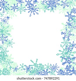 Winter Frame with Cute Doodle Snowflakes. Blue Christmas Background. Pretty New Year Background. Cute Vector Pattern for Card, Poster, Banner. Frosty Cartoon Snowflakes in Trendy Style