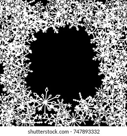 Winter Frame with Cute Doodle Snowflakes. Black and White Christmas Background. Pretty New Year Background. Cute Vector Pattern for Card, Poster, Banner. Frosty Cartoon Snowflakes in Trendy Style
