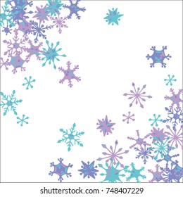 Winter Frame with Cute Doodle Snowflakes. Blue Christmas Background. Pretty New Year Background. Cute Vector Pattern for Card, Poster, Banner. Frosty Cartoon Snowflakes in Trendy Style