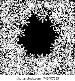Winter Frame with Cute Doodle Snowflakes. Black and White Christmas Background. Pretty New Year Background. Cute Vector Pattern for Card, Poster, Banner. Frosty Cartoon Snowflakes in Trendy Style